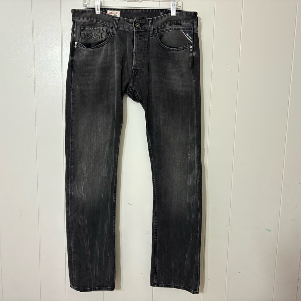 Replay Newbill Straight Leg Jeans MA995 Black Size 34x32 – Faded Wash Denim